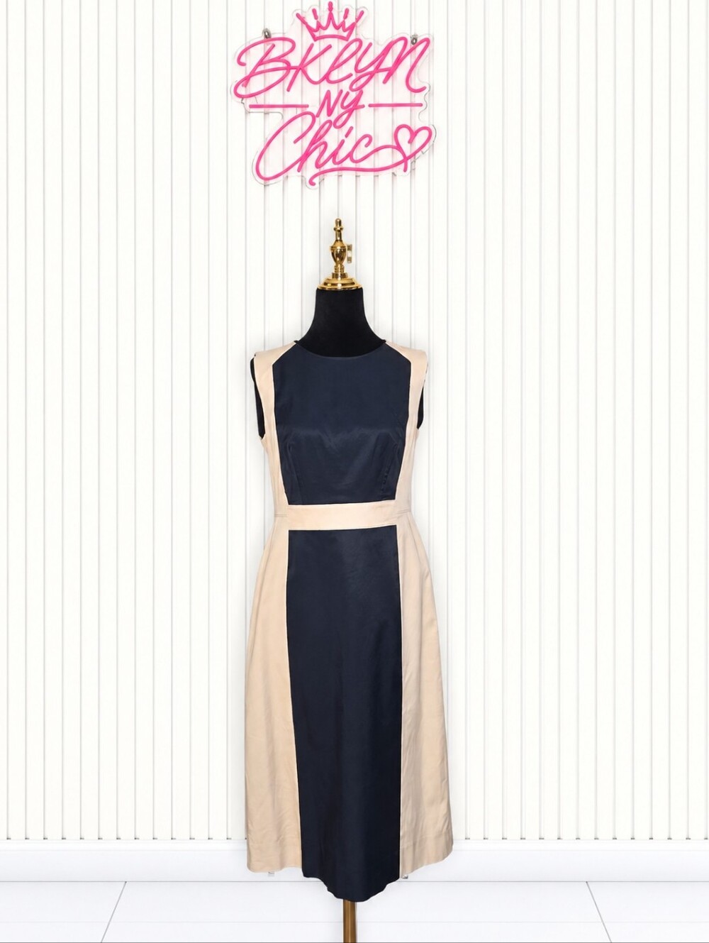 Jones New York Navy and Beige Colorblock Midi Sheath Dress